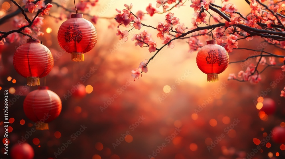 Fototapeta premium Red Lanterns and Blossoms at Sunset