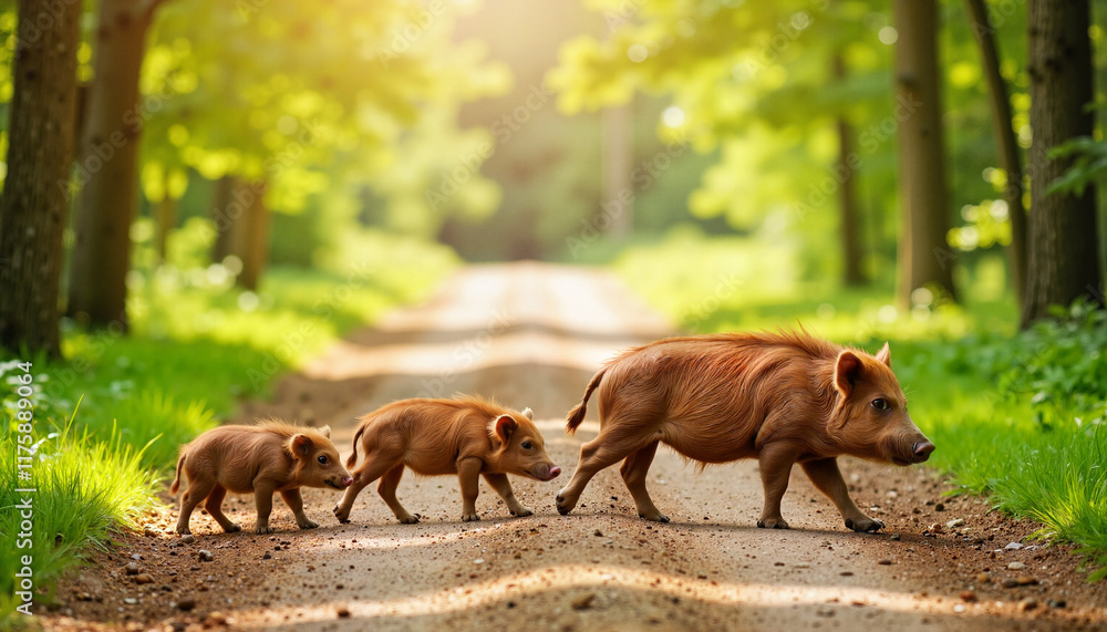 Family of wild boars crossing sun-dappled forest path, nature's harmony Family of wild boars crossing sun-dappled forest path, nature's harmony