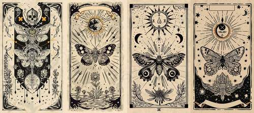 set of illustrations of tarot cards, the theme of isoterics and fortune telling	
