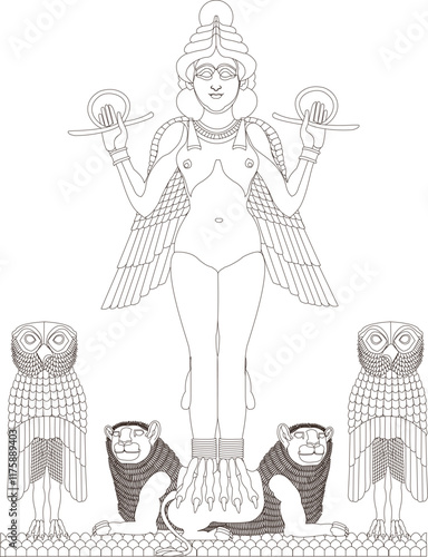 Queen of the Night. A likely representation of either Ereshkigal or Ishtar. Graphic concept of the Burney Relief. Southern Mesopotamian. Old-Babylonian period. Dated it between 1800 - 1750 BCE