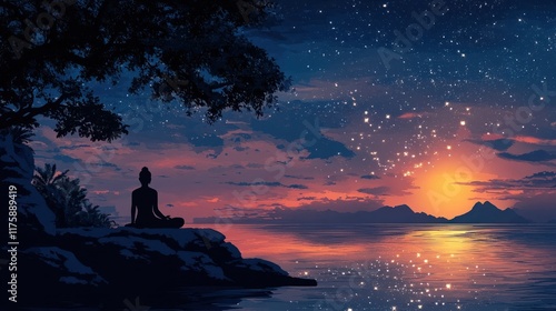 Silhouette of a person meditating in a peaceful tranquil setting on a beach at sunset  The reflection of the sky and mountains is visible on the calm water creating a serene and atmospheric scene