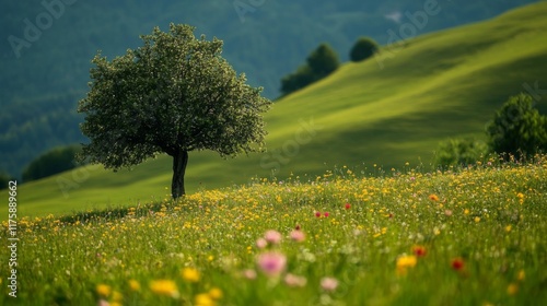Wallpaper Mural Lone tree in vibrant wildflowers meadow on rolling green hills. Torontodigital.ca