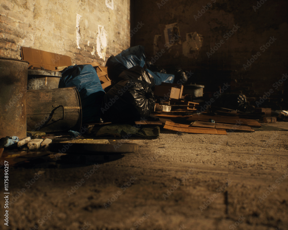 All kinds of rubbish lying on the street near a wall. A polluted urban environment. 3D render.