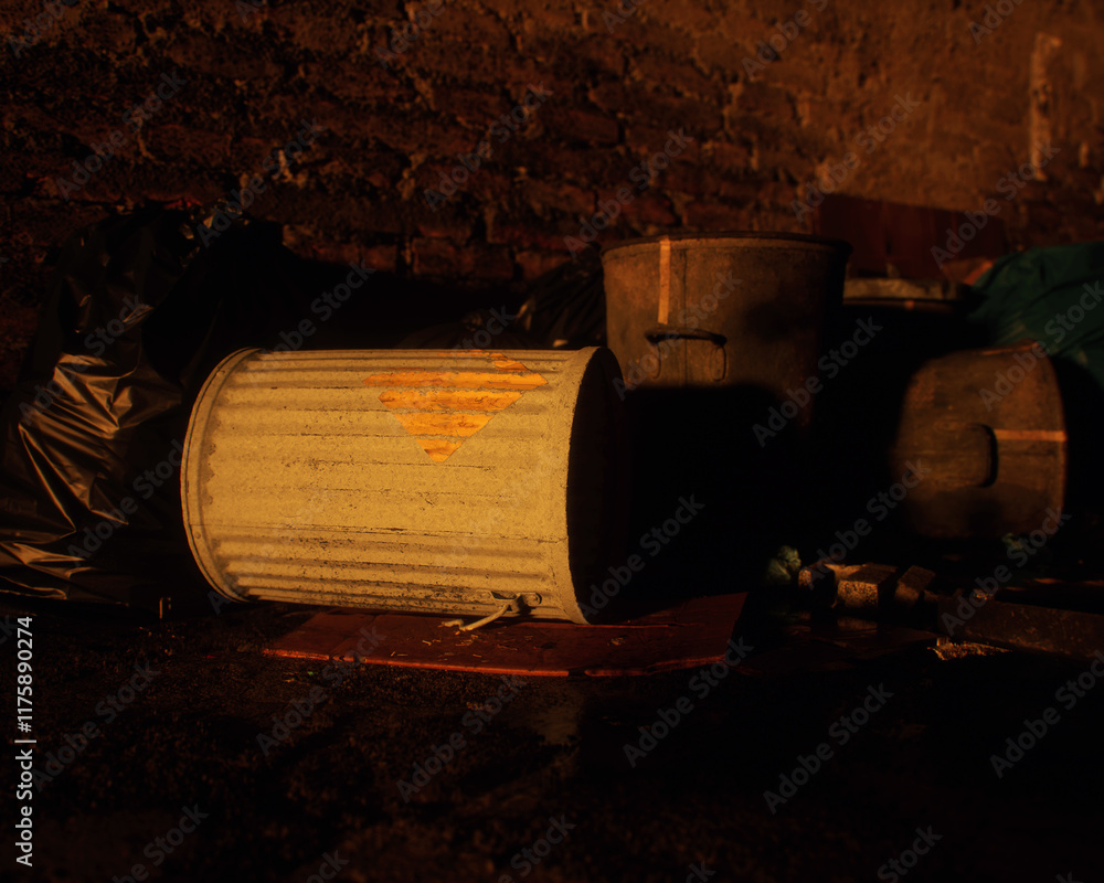 All kinds of rubbish lying on the street near a wall. A polluted urban environment. 3D render.