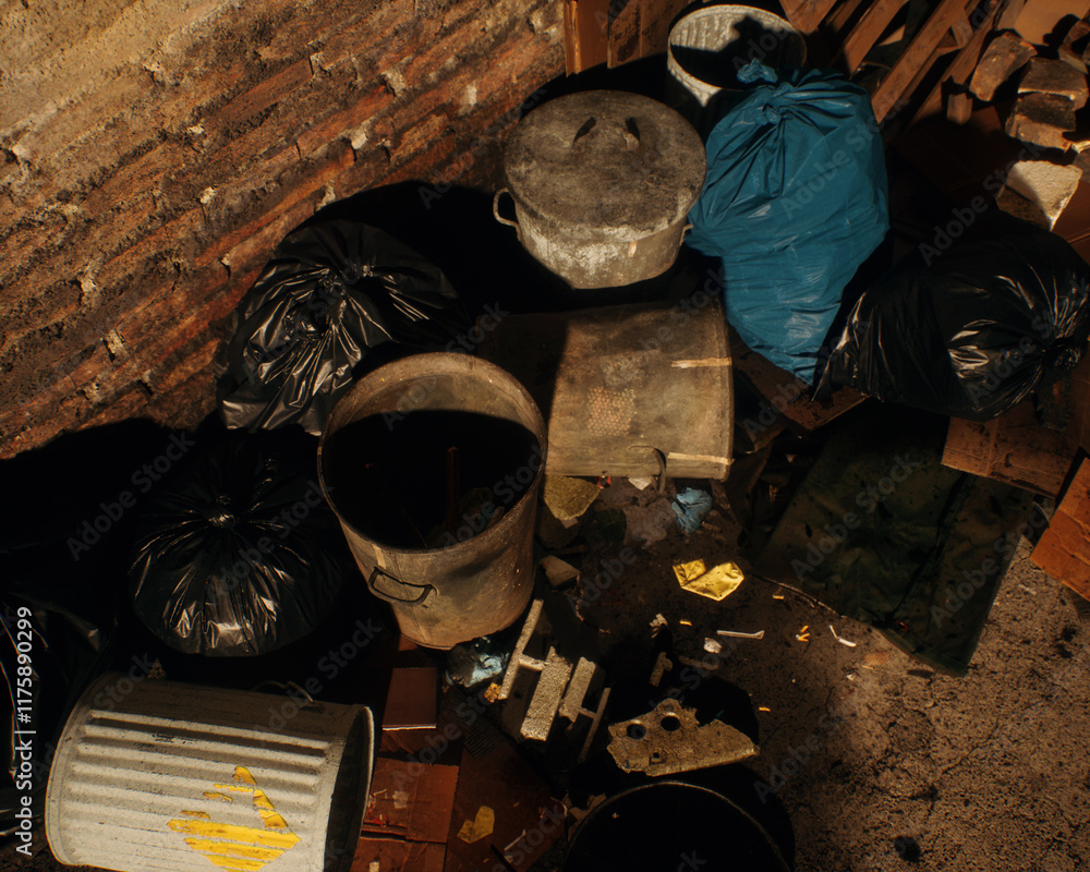 All kinds of rubbish lying on the street near a wall. A polluted urban environment. 3D render.
