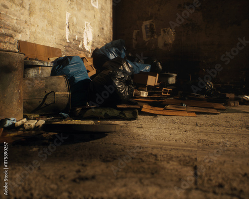 Obraz na płótnie All kinds of rubbish lying on the street near a wall. A polluted urban environment. 3D render. w salonie