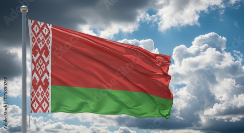 Belarus flag background realistic waving in the wind 8K, Belarus flag on cloudy sky. waving in the sky

 photo