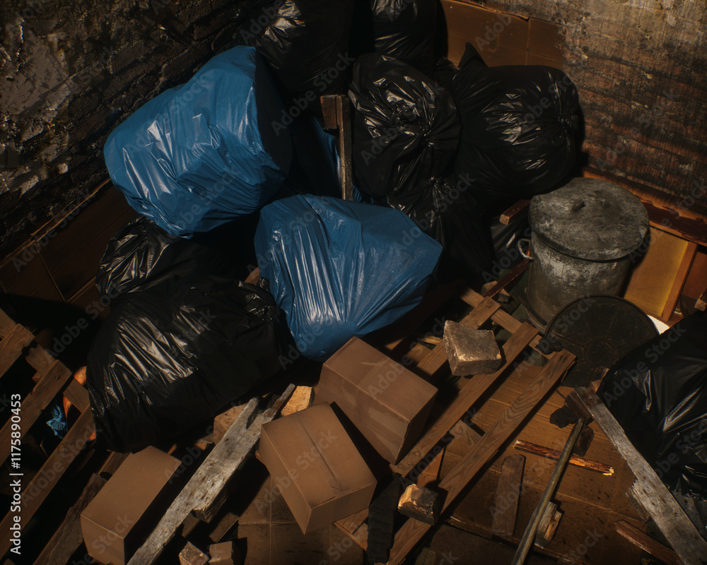 All kinds of rubbish lying on the street near a wall. A polluted urban environment. 3D render.