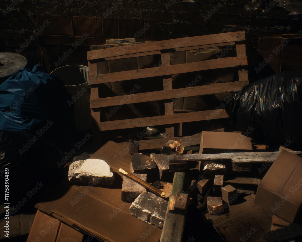 All kinds of rubbish lying on the street near a wall. A polluted urban environment. 3D render.