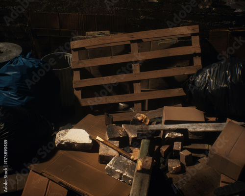 Obraz na płótnie All kinds of rubbish lying on the street near a wall. A polluted urban environment. 3D render. w salonie