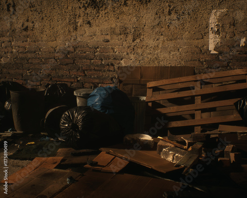 Obraz na płótnie All kinds of rubbish lying on the street near a wall. A polluted urban environment. 3D render. w salonie