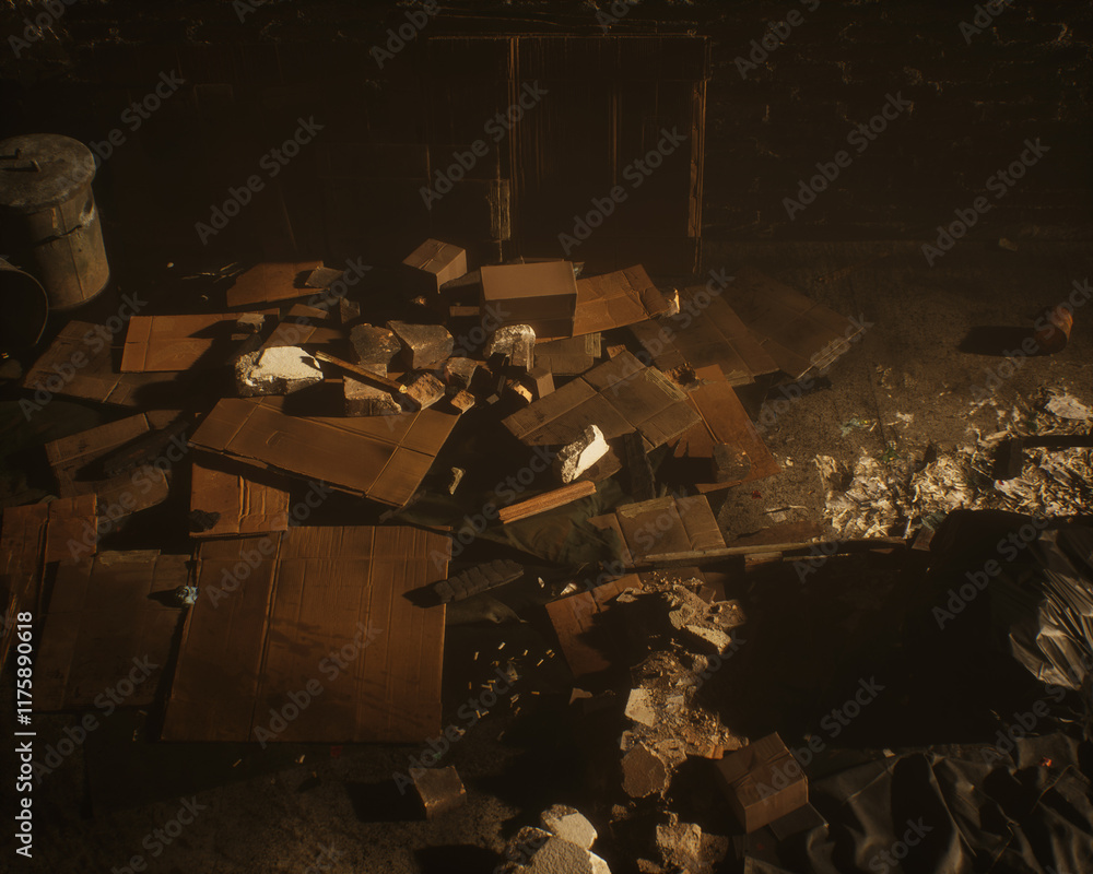 All kinds of rubbish lying on the street near a wall. A polluted urban environment. 3D render.