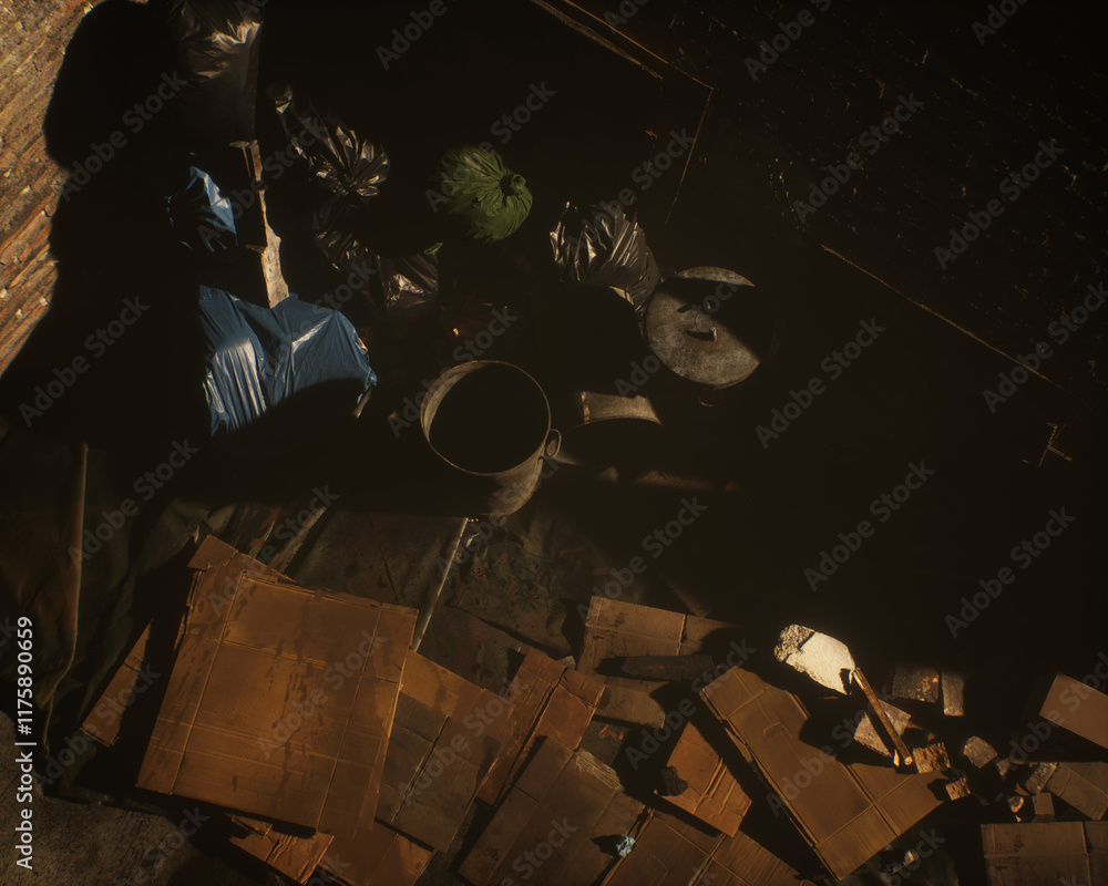All kinds of rubbish lying on the street near a wall. A polluted urban environment. 3D render.