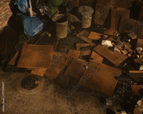 All kinds of rubbish lying on the street near a wall. A polluted urban environment. 3D render.