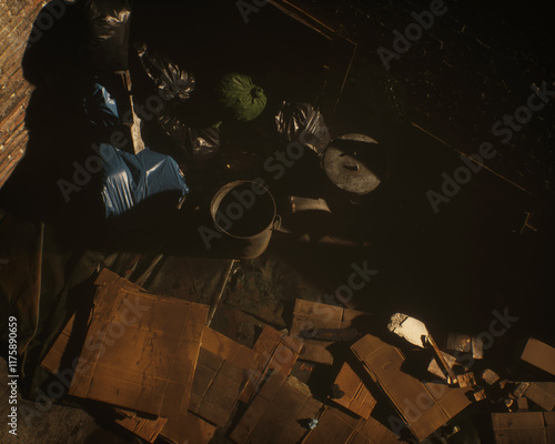Obraz na płótnie All kinds of rubbish lying on the street near a wall. A polluted urban environment. 3D render. w salonie