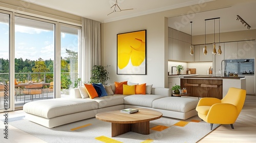 modern open living room, large windows, forest view, white sectional sofa, yellow accent chair, wooden coffee table, minimalist kitchen, yellow abstract art, bright interior, natural light, contempora photo