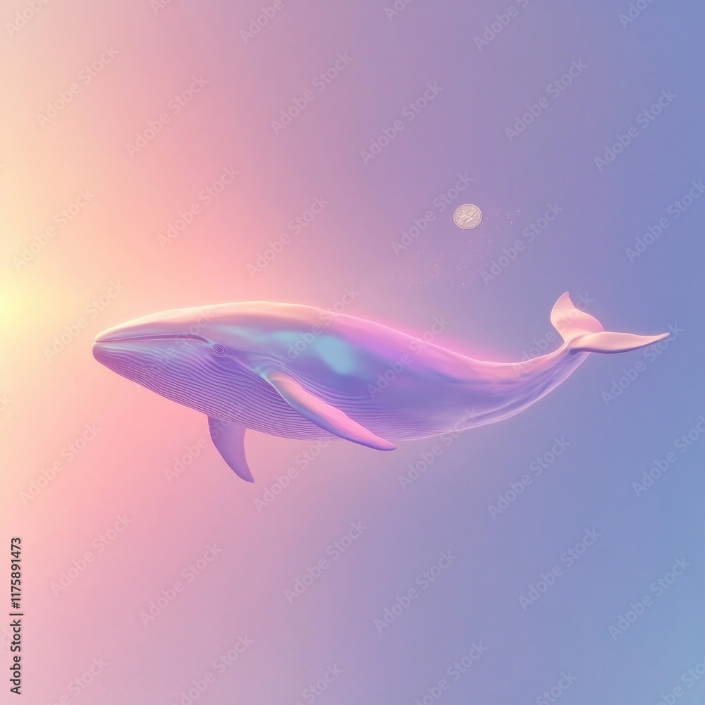 A majestic whale swims through pastel-hued waters under a serene sky. A majestic whale swims through pastel-hued waters under a serene sky.