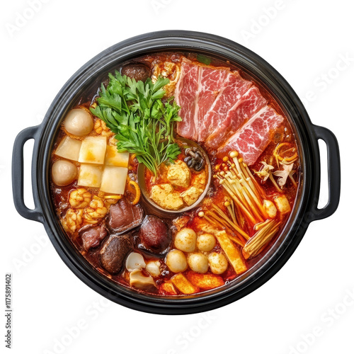Delicious hot pot dish featuring various ingredients served in a black pot on a clean transparent background, hot pot dish top view isolated on transparent background