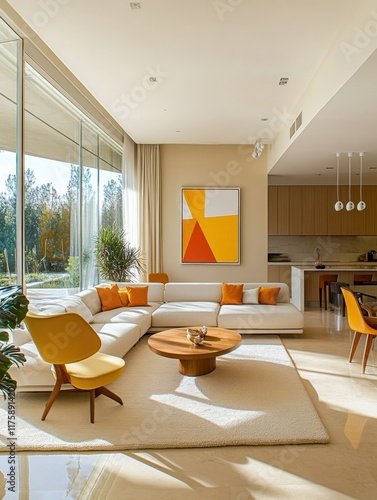 modern open living room, large windows, forest view, white sectional sofa, yellow accent chair, wooden coffee table, minimalist kitchen, yellow abstract art, bright interior, natural light, contempora photo