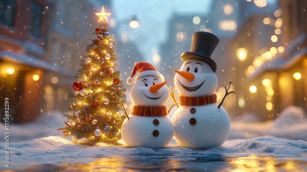 Obraz premium Festive Snowman Couple with Christmas Tree