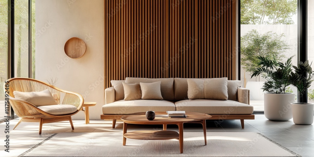 Fototapeta premium Mid-century modern living room, wood paneled walls, floor-to-ceiling windows, nature view, beige sofa, round coffee table, tan leather lounge chair, indoor plants, minimalist decor, warm lighting, neu