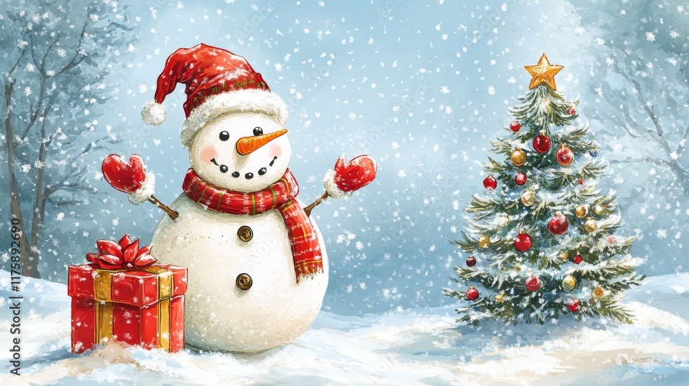 Snowy Christmas Scene with Snowman and Tree Snowy Christmas Scene with Snowman and Tree