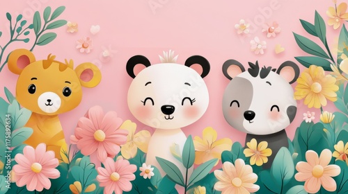 Cute Animal Cartoon in Floral Setting