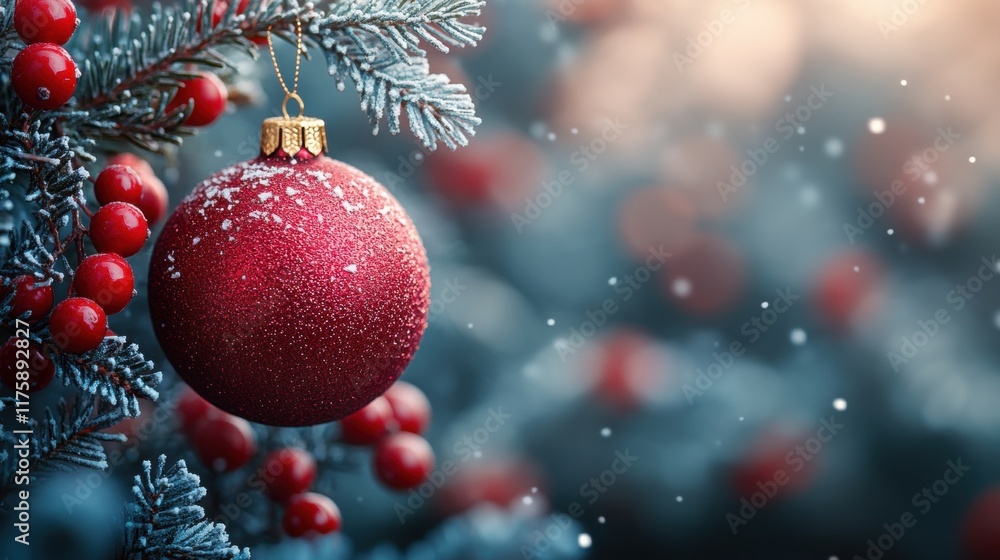 Close-up of a red Christmas bauble on a frosted evergreen branch, capturing the essence of winter and holiday spirit. Close-up of a red Christmas bauble on a frosted evergreen branch, capturing the essence of winter and holiday spirit.