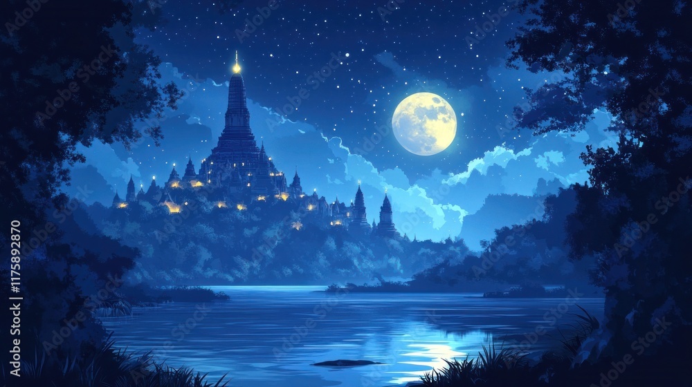 Fototapeta premium Enchanting night scene featuring a majestic castle or temple silhouetted against a starry sky with its reflection mirrored in the calm waters of a lakeside landscape creating a dreamlike