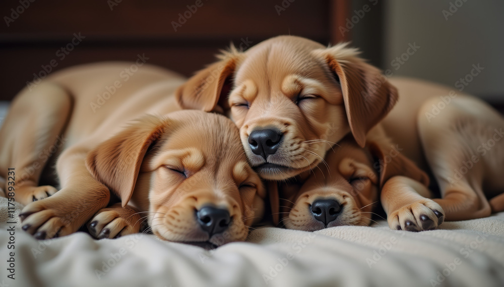 A heartwarming scene of adorable puppies piled together and peacefully sleeping, showcasing their cozy bond in a tranquil indoor setting. A heartwarming scene of adorable puppies piled together and peacefully sleeping, showcasing their cozy bond in a tranquil indoor setting.