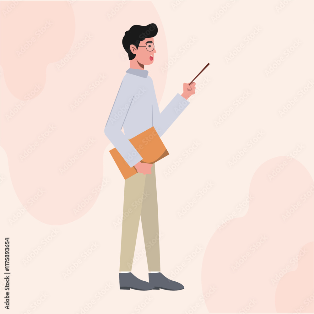 A Business Man with Glasses Flat Character Standing Side View Explaining Something A Business Man with Glasses Flat Character Standing Side View Explaining Something