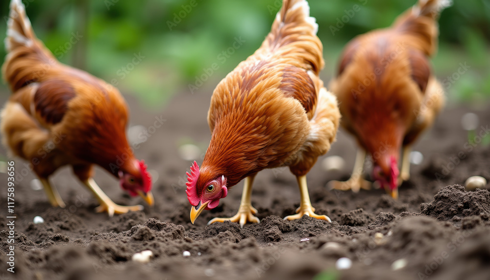 Fototapeta premium A hen scratching in the dirt, surrounded by other chickens, creates a vivid scene of farm life and natural animal behavior in a sunny countryside.