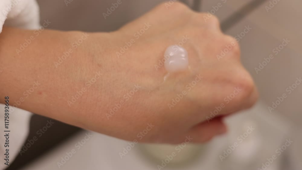 smiling woman doing daily face and skin routine in bathroom.girl in bathrobe looking in mirror,applying facial cream or lotion on hand, taking from jar with spoon,putting serum on neck and chest.