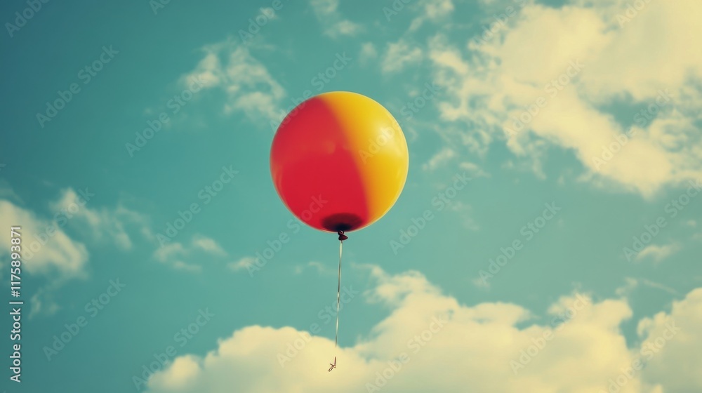 Obraz premium Red and yellow balloon floats in a blue sky with clouds.