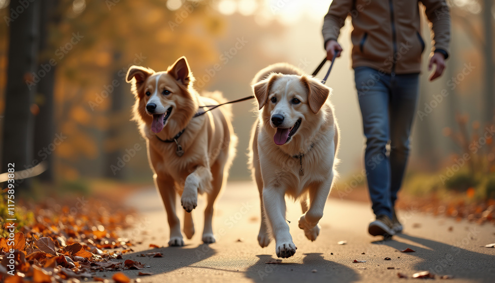 Two golden retrievers joyfully pulling on their leashes while walking together in the park, reflecting their enthusiastic companionship and the joy of outdoor adventures. Two golden retrievers joyfully pulling on their leashes while walking together in the park, reflecting their enthusiastic companionship and the joy of outdoor adventures.