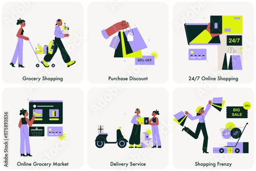 Marketplace illustration set about grocery shopping, purchase discount, 24 on 7 online shopping, online grocery market, delivery service, and shopping frenzy. Flat vector, isolated on white