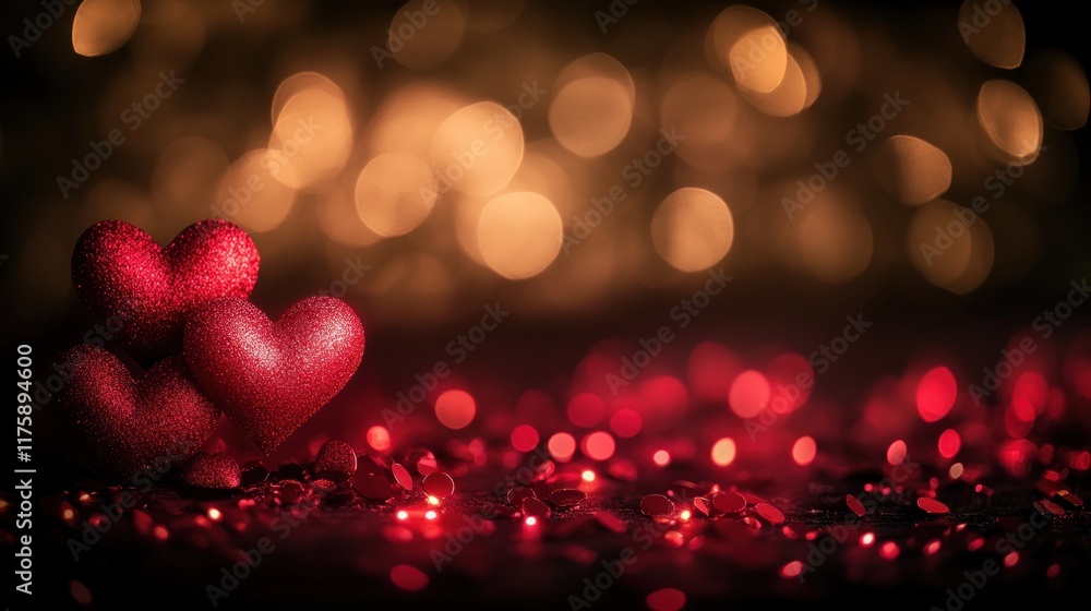 Three red hearts on red glitter with bokeh background. Three red hearts on red glitter with bokeh background.