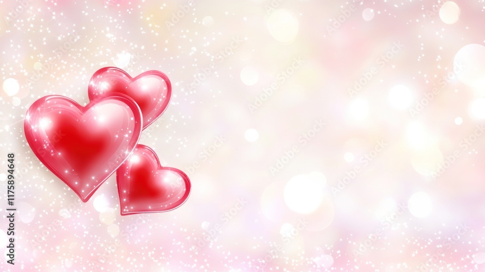 Three shiny red hearts on a sparkly pink background. Three shiny red hearts on a sparkly pink background.