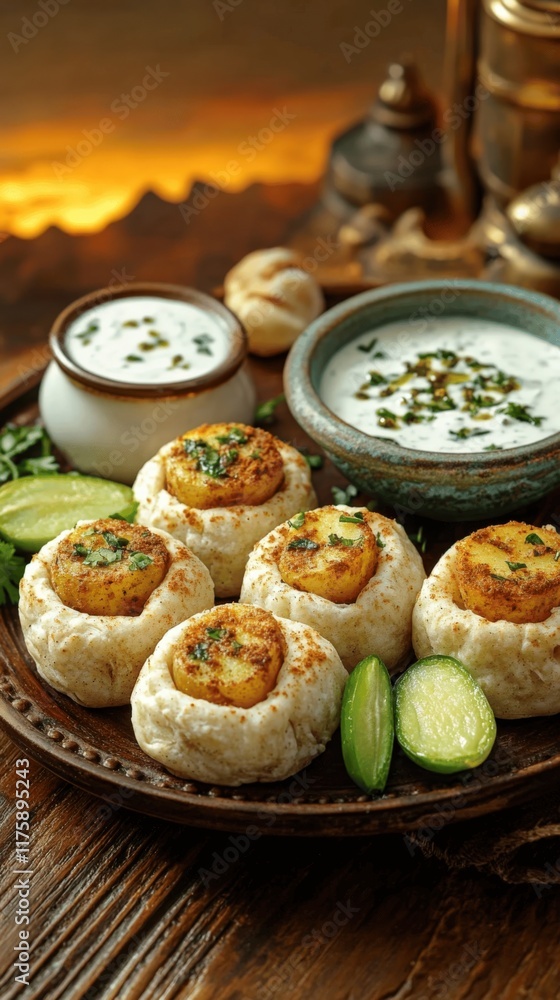 Delicious Fried Potato Stuffed Puri with Cucumber and Creamy Yogurt Dip on Rustic Wooden Plate - Perfect Indian Snack Appetizer Recipe for Parties and Gatherings Delicious Fried Potato Stuffed Puri with Cucumber and Creamy Yogurt Dip on Rustic Wooden Plate - Perfect Indian Snack Appetizer Recipe for Parties and Gatherings