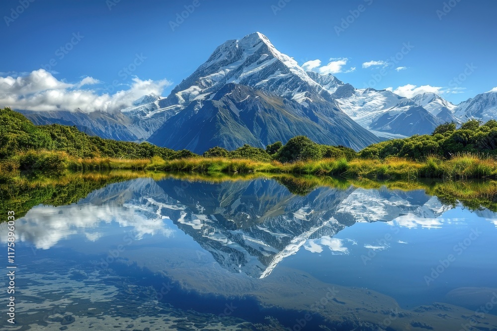Naklejka premium Majestic snow-capped mountain reflecting in calm blue lake under clear sky in New Zealand's natural landscape