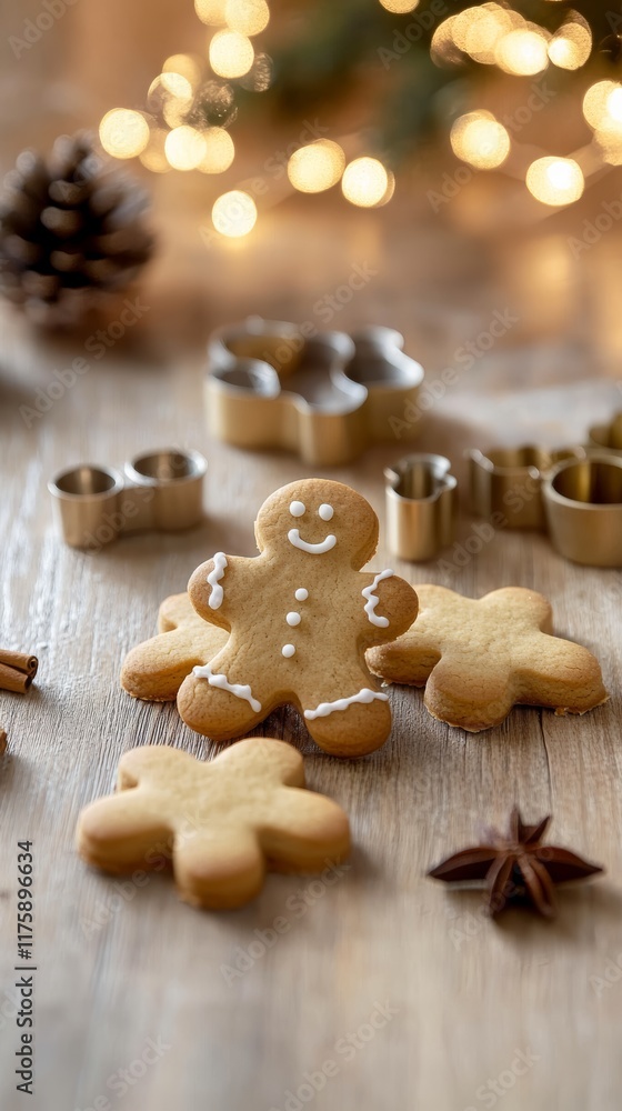 Gingerbread man cookies are surrounded by cookie cutters, spices, and a pine cone on a wooden table with christmas lights sparkling in the background Gingerbread man cookies are surrounded by cookie cutters, spices, and a pine cone on a wooden table with christmas lights sparkling in the background