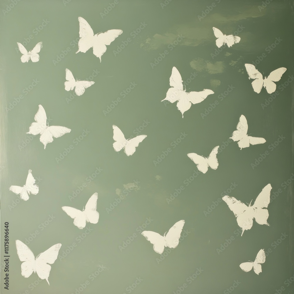 Whimsical pastel green background with scattered white butterflies. Whimsical pastel green background with scattered white butterflies.