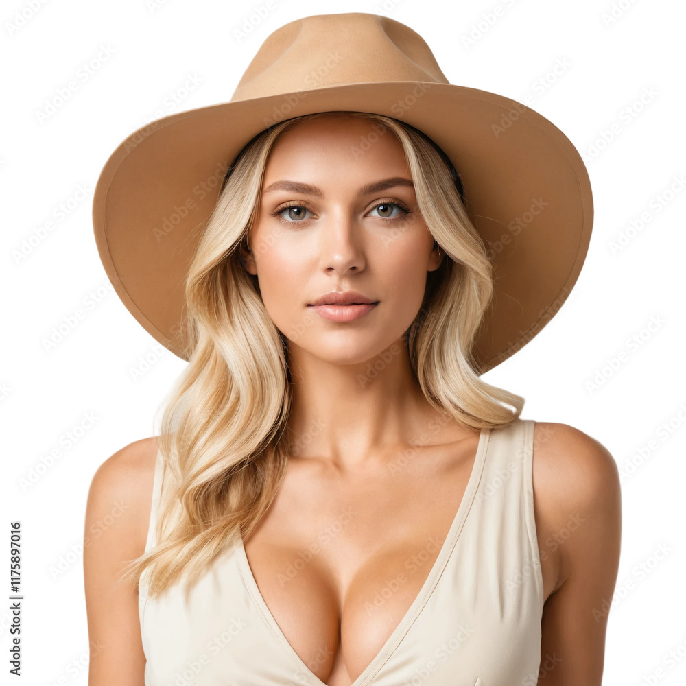 A portrait capturing the beauty of a blonde woman showcasing her cleavage wearing a tan hat on a transparent background PNG A portrait capturing the beauty of a blonde woman showcasing her cleavage wearing a tan hat on a transparent background PNG