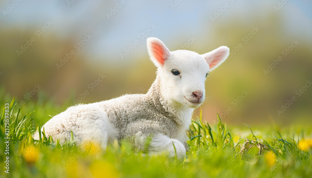 Cute little lamb portrait, floral field with soft blurred background. Adorable animal. Spring season Cute little lamb portrait, floral field with soft blurred background. Adorable animal. Spring season