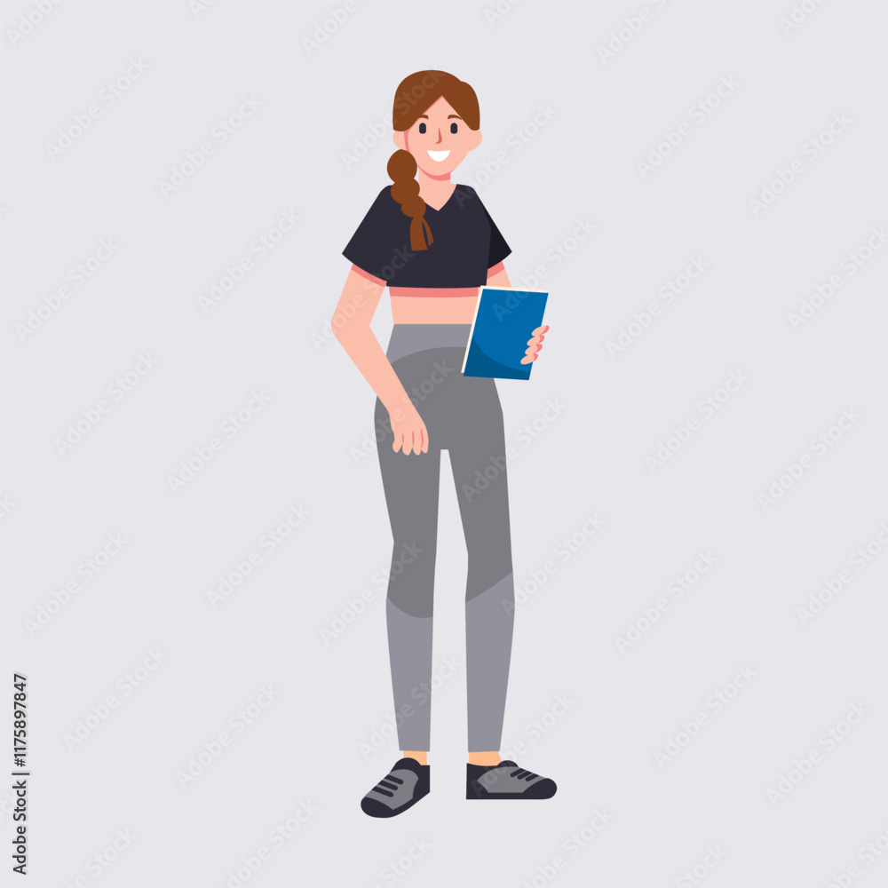 A business or student woman character in casual clothes. Cute girl holding a book. Vector illustration in flat style A business or student woman character in casual clothes. Cute girl holding a book. Vector illustration in flat style