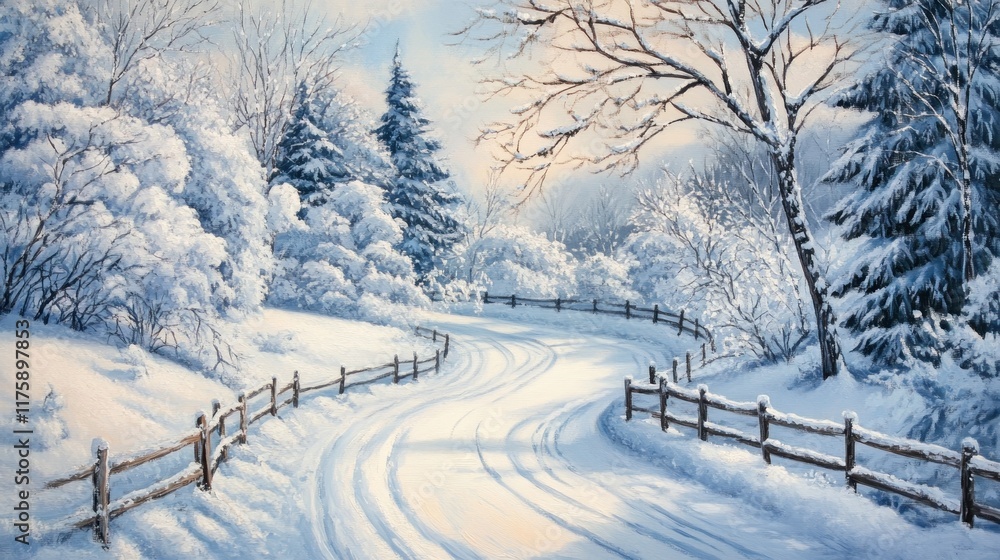 Snowy winter landscape with winding road and wooden fence. Snowy winter landscape with winding road and wooden fence.
