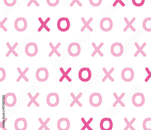 Playful pink and red XO pattern. Romantic seamless vector illustration for Valentine’s Day. Cute hand-drawn hugs and kisses motif in a modern flat design. Fun decorative background for holidays or lov