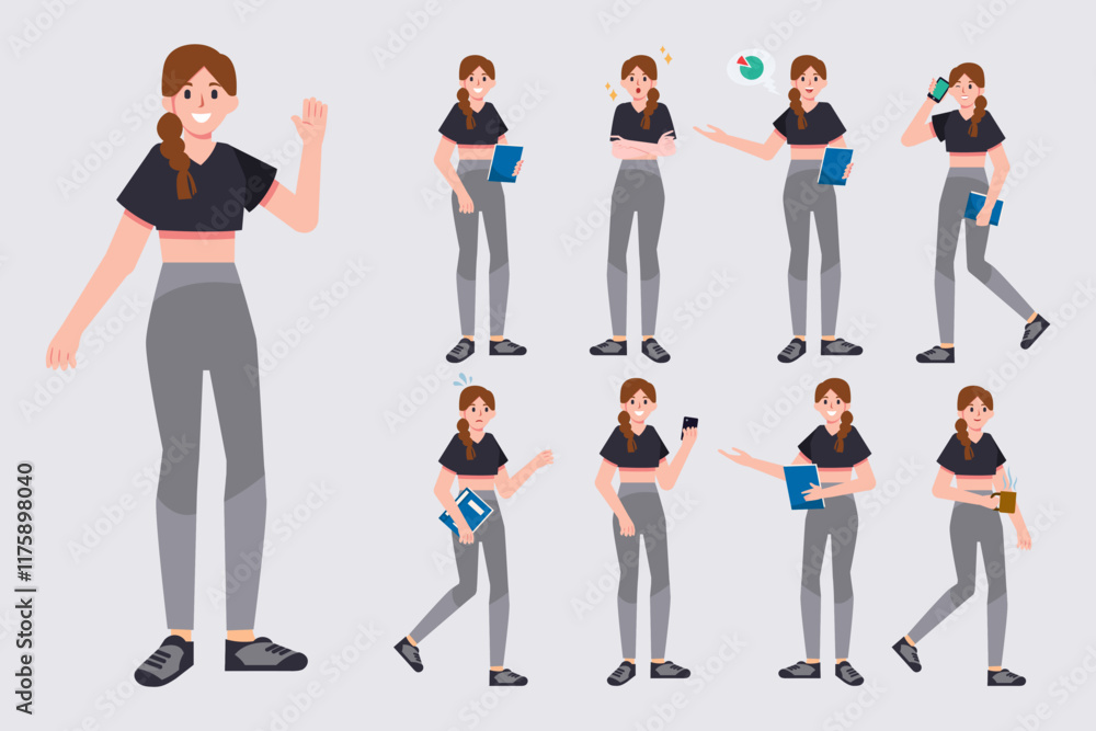 Obraz premium Set of business or student woman character in casual clothes in various poses. Cute girl impressed, worry, panic, explaining, presentation, uses the phone. Vector illustration in flat style