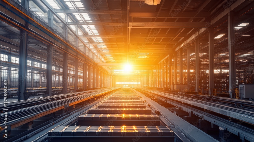 Sunlight Illuminates an Industrial Warehouse with Long Aisles and Steel Frameworks, Creating a Warm and Inviting Atmosphere for Manufacturing Operations Sunlight Illuminates an Industrial Warehouse with Long Aisles and Steel Frameworks, Creating a Warm and Inviting Atmosphere for Manufacturing Operations
