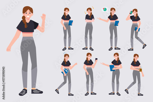 Set of business or student woman character in casual clothes in various poses. Cute girl impressed, worry, panic, explaining, presentation, uses the phone. Vector illustration in flat style